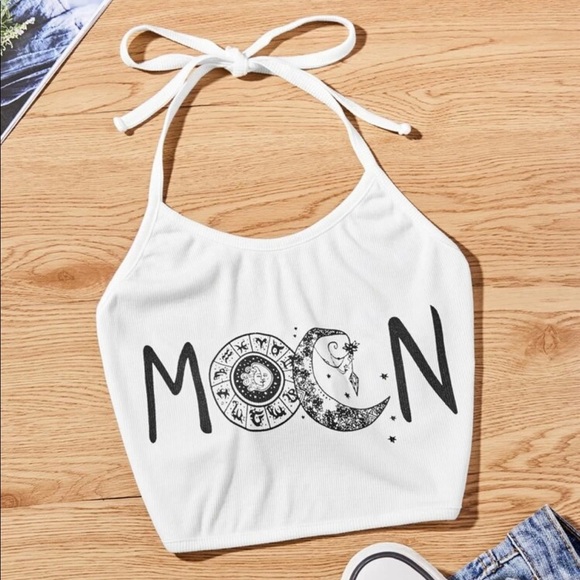 SHEIN Tops - NWT Shien: Extra Large Black & White Moon Tie Up Horoscope Crop Halter